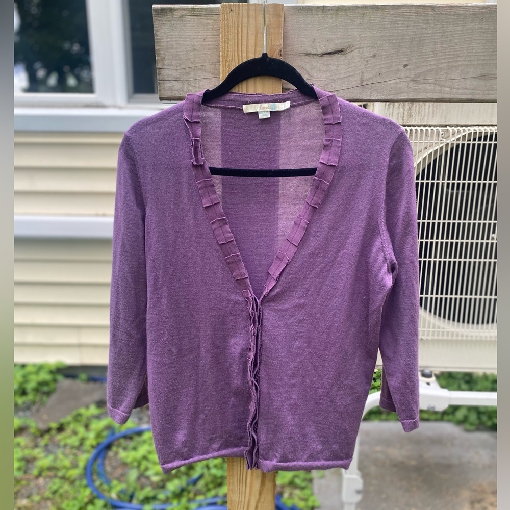 Boden Wool Purple Cardigan with Ruffle Detail Size 10